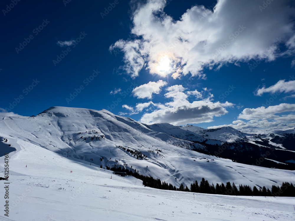 阿尔卑斯山滑雪道和山顶全景