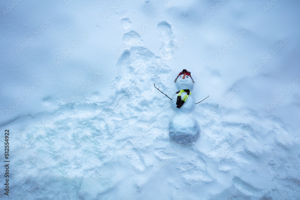 戴着疤痕帽子和胡萝卜鼻子的雪人俯视图