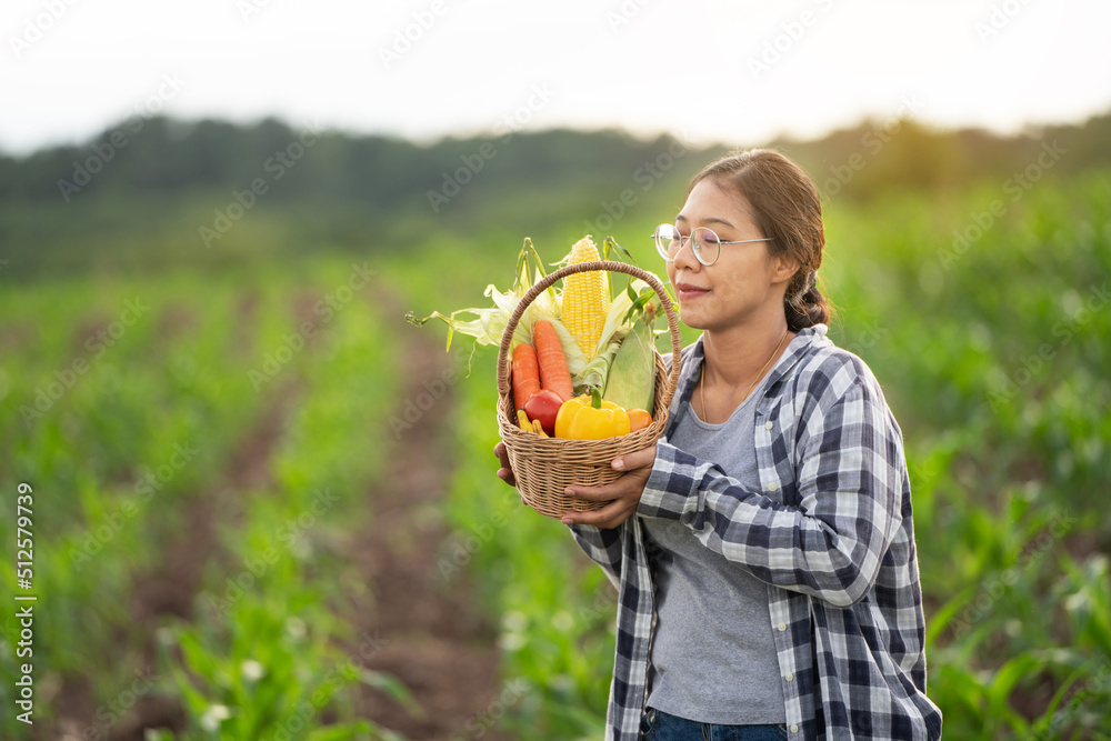 美丽的年轻深色头发肖像名人女人在绿色的竹篮里手捧蔬菜