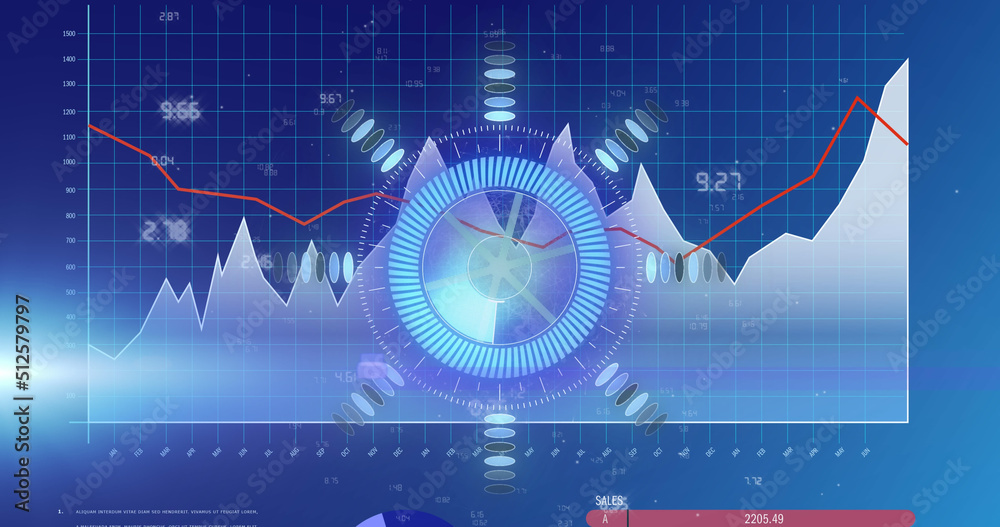 Image of processing circle on scientific graph and data