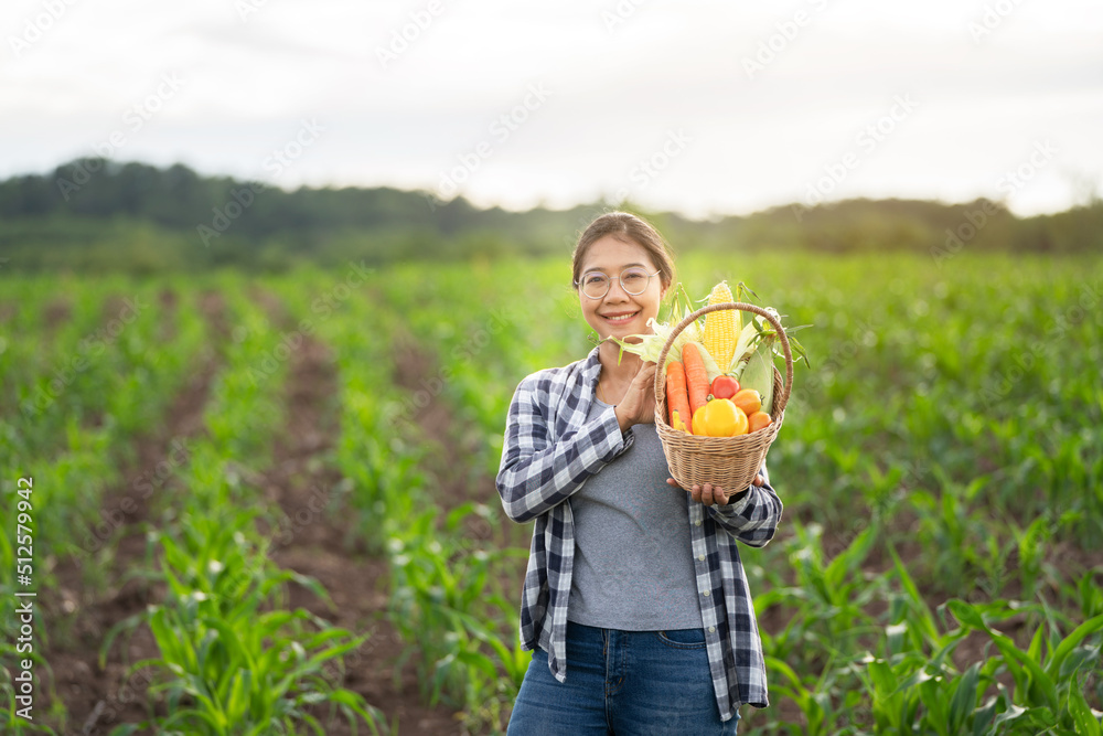 美丽的年轻深色头发肖像名人女人在绿色的竹篮里手捧蔬菜