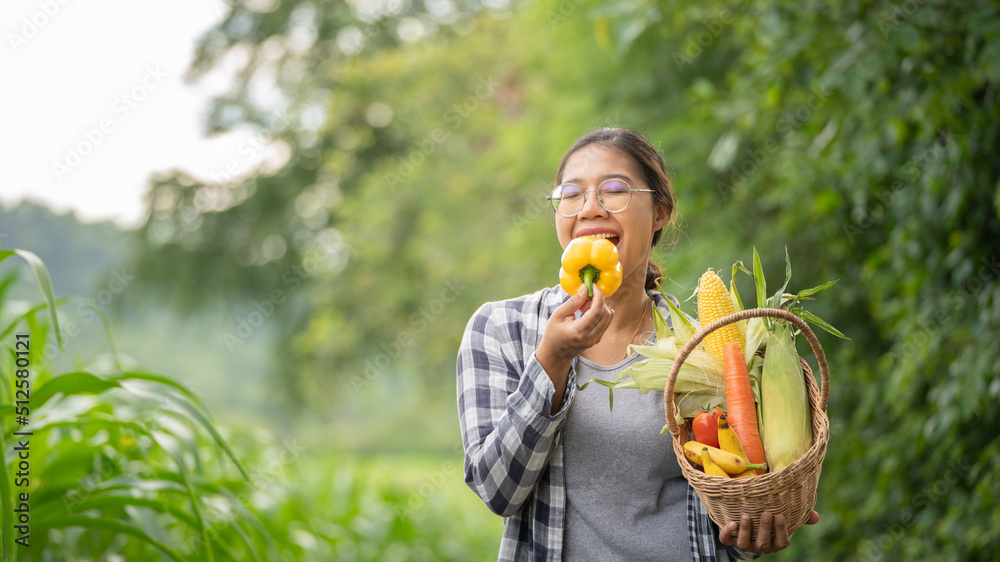 Beautiful young brunette Portrait Famer Woman hand holding Vegetables in the bamboo basket on green 