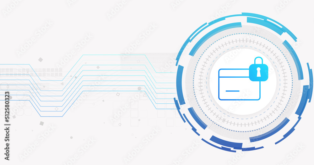 Image of network of connections and credit card with padlock on white background