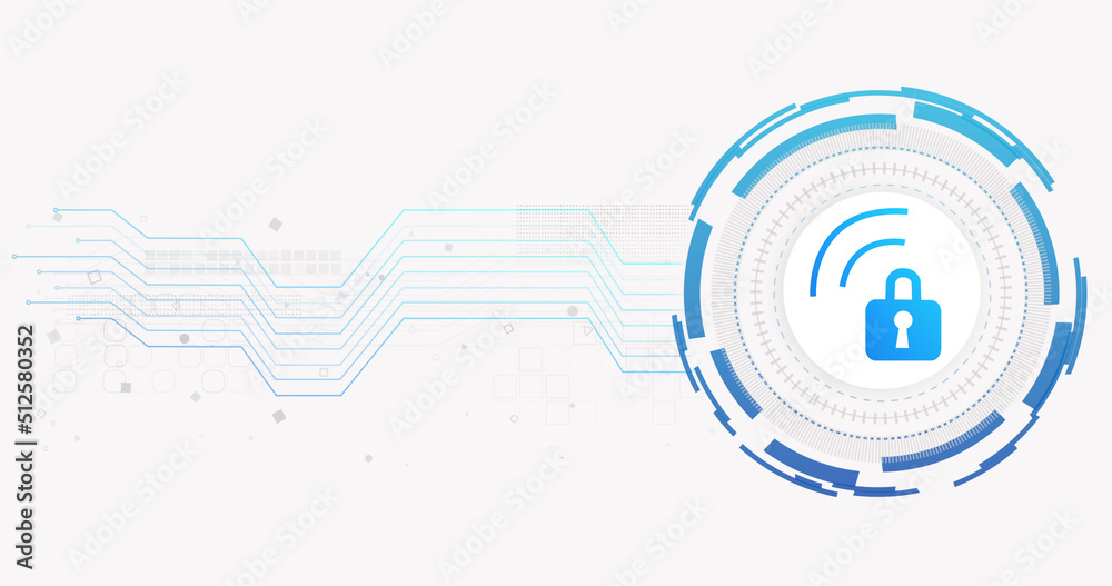 Image of network of connections and padlock on white background