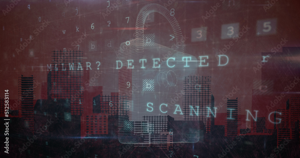 Image of cyber attack warning and padlock icon over cityscape on red background