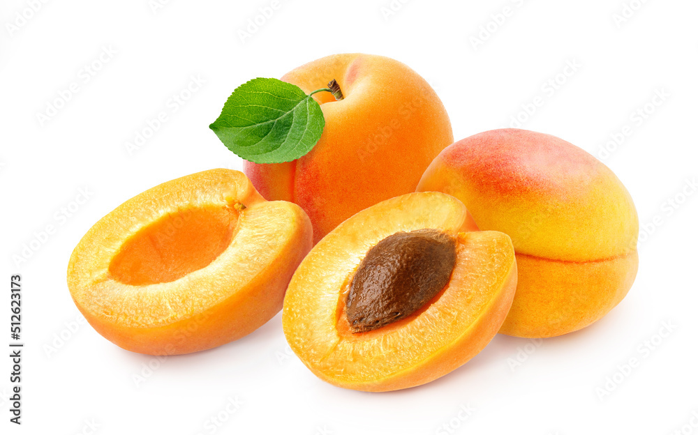 Apricot fruit with half of apricot and apricot kernel isolated on white background.