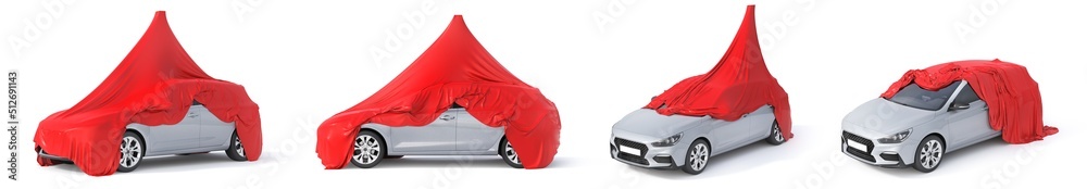 Car under cloth on a white background. 3d illustration