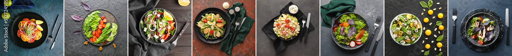 Set of tasty salads with vegetables on dark background, top view