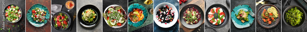 Set of tasty salads with vegetables on dark background, top view