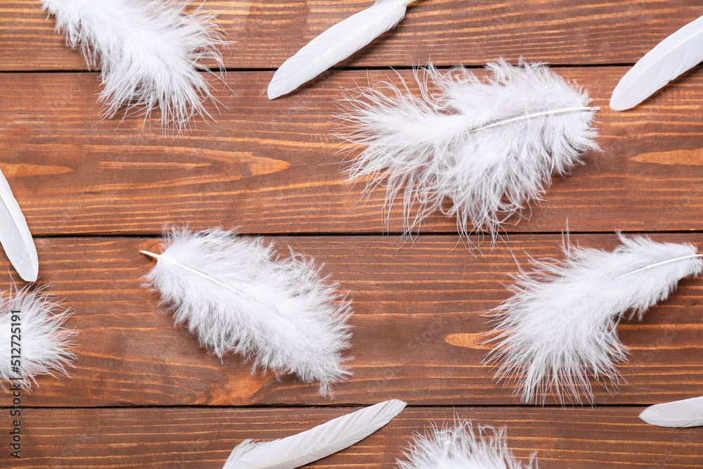 Beautiful white feathers on wooden background