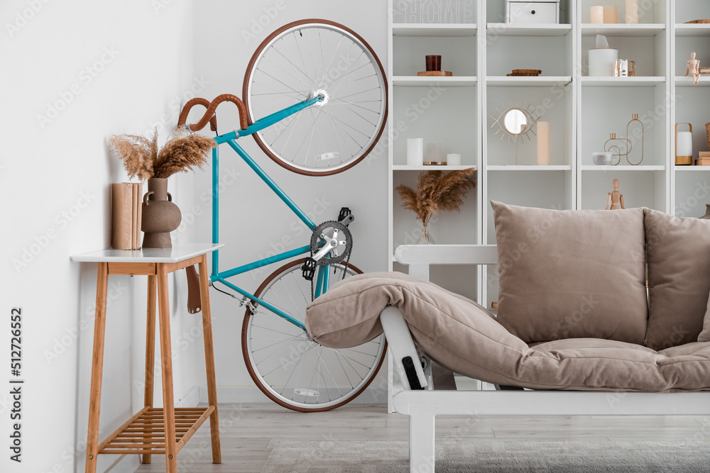 Interior of modern living room with bicycle, couch and shelving unit