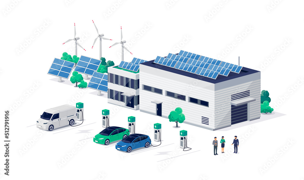 Company electric cars fleet charging on charger station at logistic hall centre. Transport delivery 