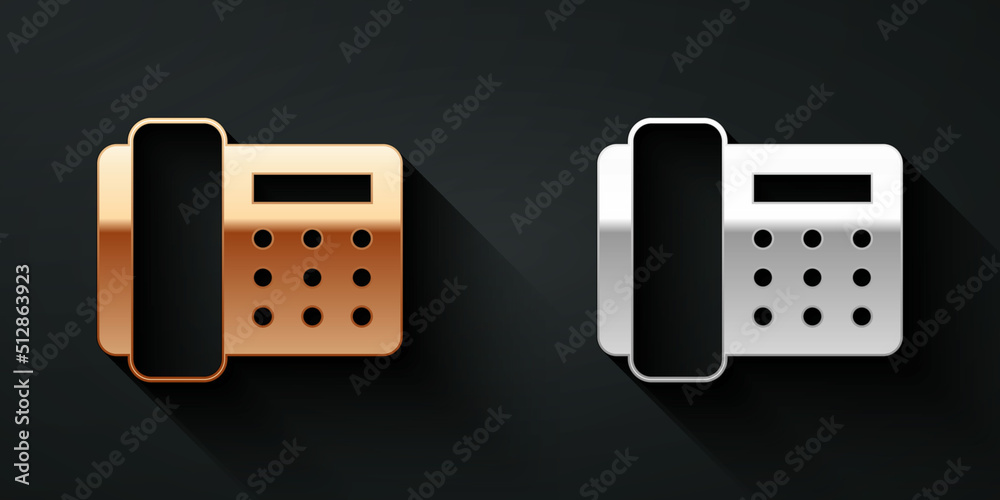 Gold and silver Telephone handset icon isolated on black background. Phone sign. Long shadow style. 