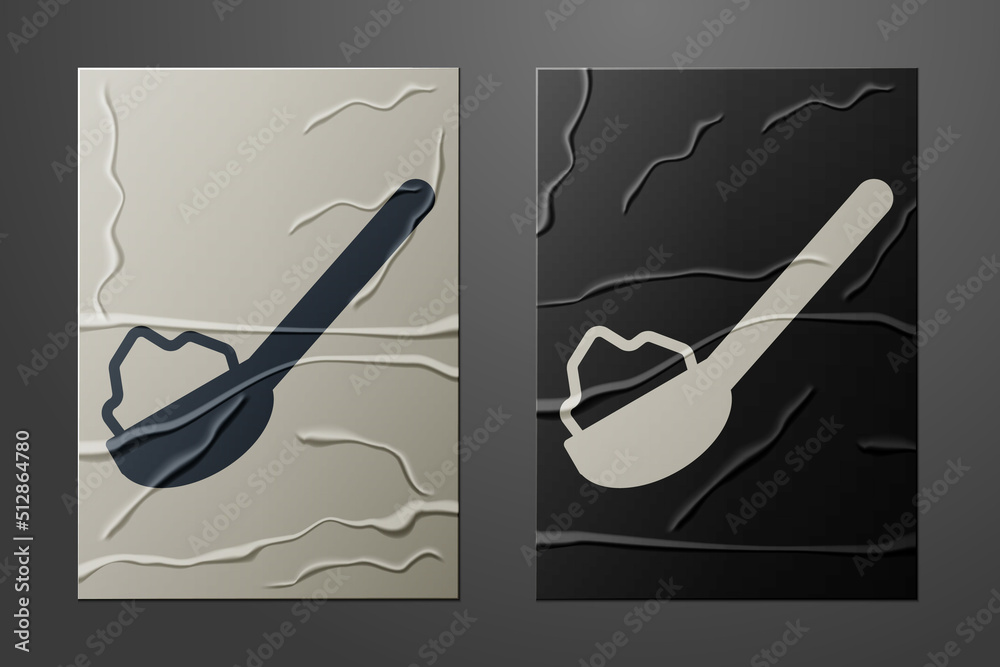 White Spoon with sugar icon isolated on crumpled paper background. Teaspoon for tea or coffee. Paper