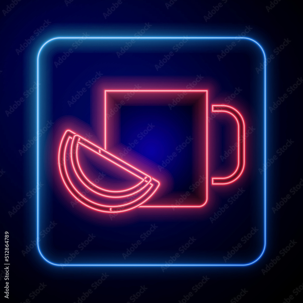 Glowing neon Cup of tea with lemon icon isolated on black background. Vector