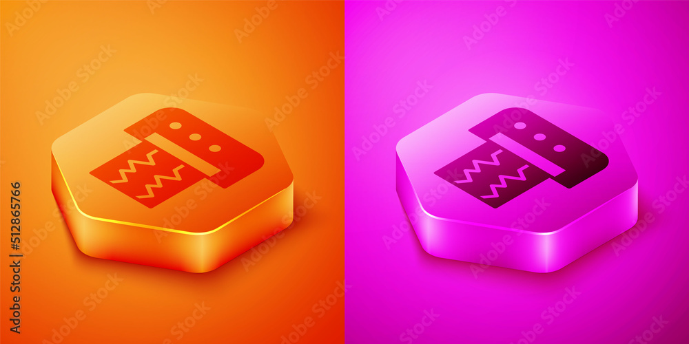 Isometric Seismograph icon isolated on orange and pink background. Earthquake analog seismograph. He