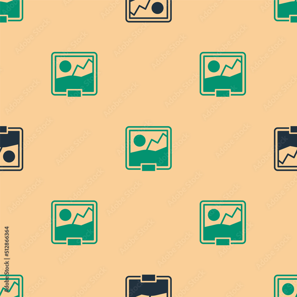 Green and black Picture icon isolated seamless pattern on beige background. Vector