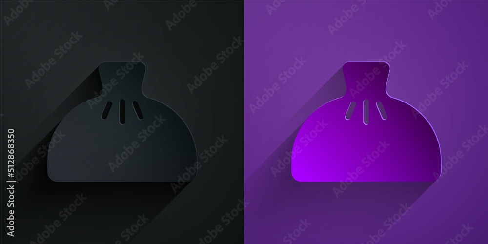 Paper cut Dumpling icon isolated on black on purple background. Traditional chinese dish. Paper art 