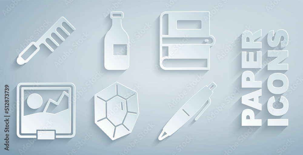 Set Gem stone, Book, Picture, Pen, Bottle of wine and Hairbrush icon. Vector