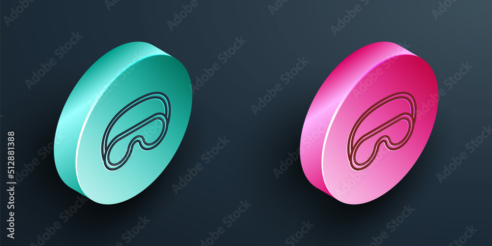 Isometric line Eye sleep mask icon isolated on black background. Turquoise and pink circle button. V