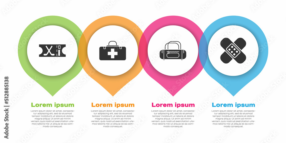 设置冰球运动门票、急救箱、运动包和交叉绷带膏。商业信息图