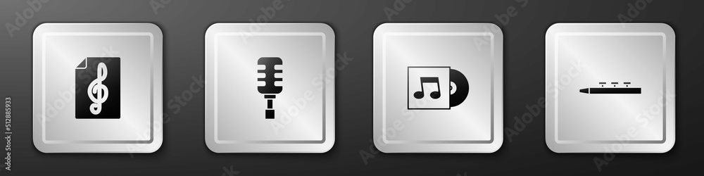 设置高音谱号、麦克风、乙烯基唱片和鼓棒图标。银色方形按钮。矢量