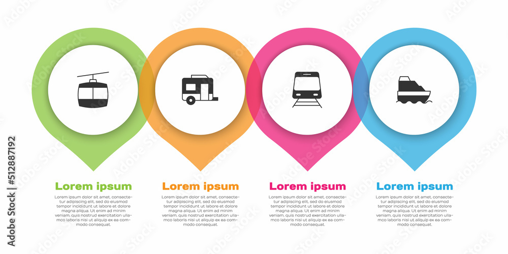 设置缆车、房车露营拖车、火车、铁路和游轮。商业信息图模板。