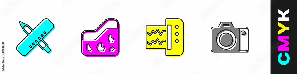 设置十字尺和铅笔、地面、地震仪和照相相机图标。矢量