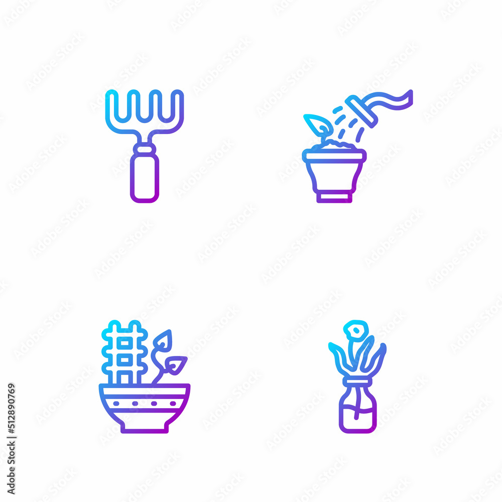 Set line Flower in glass bottle, Plant pot, Garden rake and Spraying plant. Gradient color icons. Ve