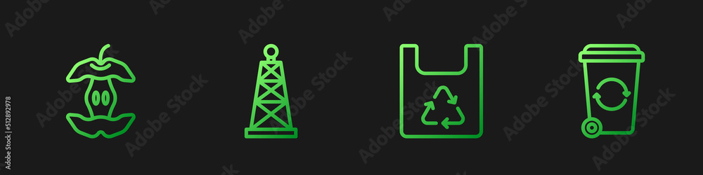带回收、苹果核、石油钻机和回收站的成套购物袋。渐变色图标。Vecto
