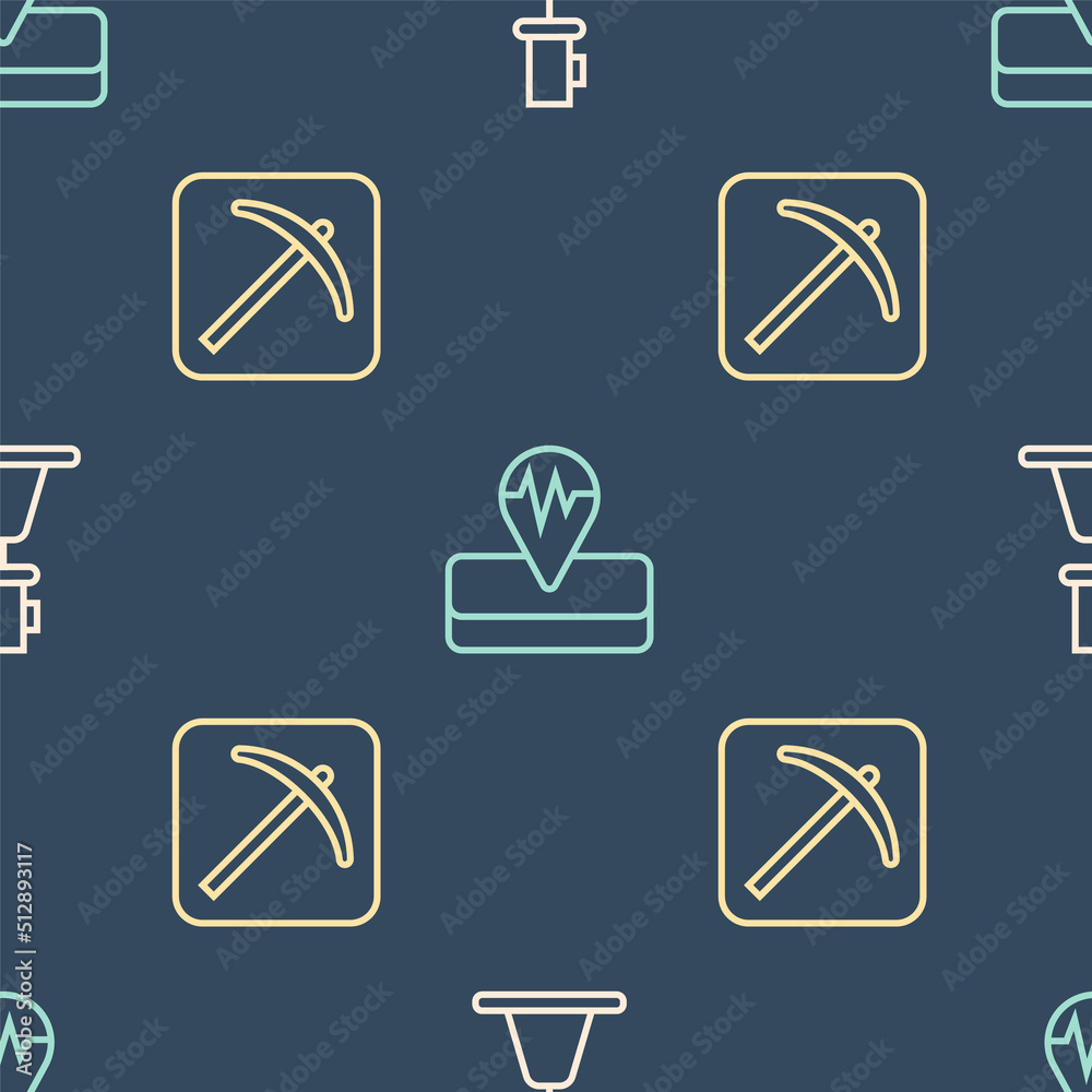 Set line Tacheometer, theodolite, Pickaxe and Earthquake on seamless pattern. Vector