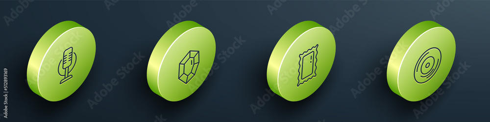 Set Isometric line Microphone, Gem stone, Big full length mirror and Vinyl disk icon. Vector