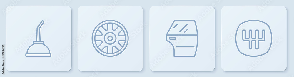 Set line Canister for motor machine oil, Car door, Alloy wheel car and Gear shifter. White square bu