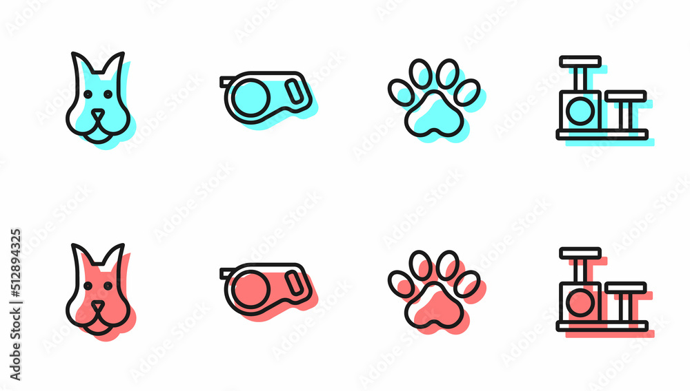 Set line Paw print, Dog, Retractable cord leash and Cat scratching post with toy icon. Vector