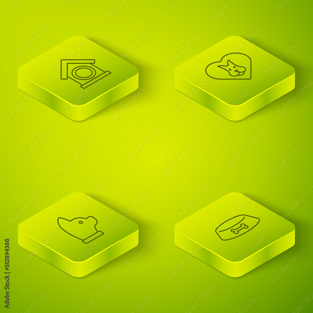 设置等轴测线Heart with dog，Cat，Pet food bowl for Cat or and dog house icon.Vvector