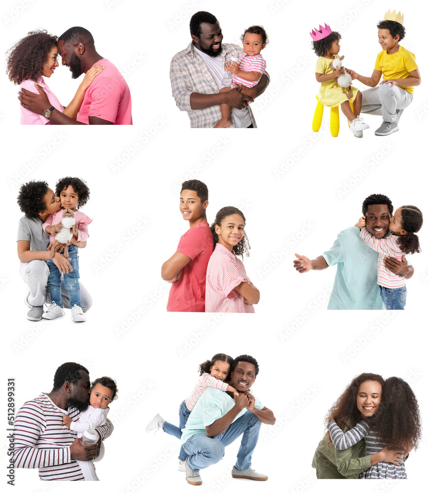 Set of happy African-American family members isolated on white