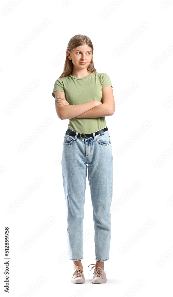 Pretty teenage girl in green t-shirt on white background