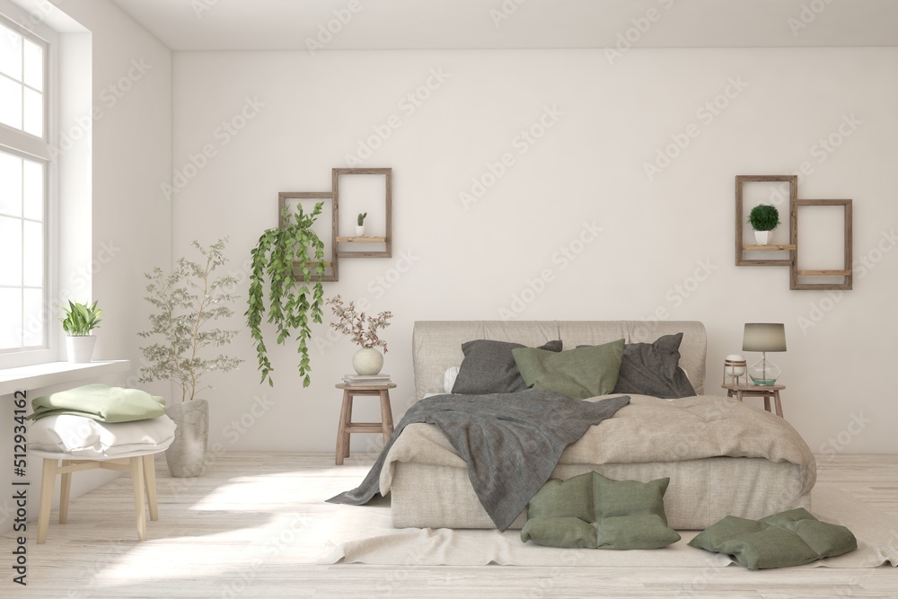 White bedroom interior. Scandinavian design. 3D illustration