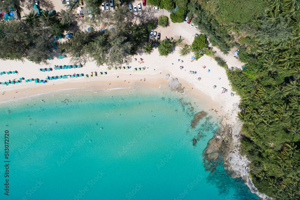 Amazing top view beach Aerial view of Tropical beach sea in the beautiful Phuket island Located at B