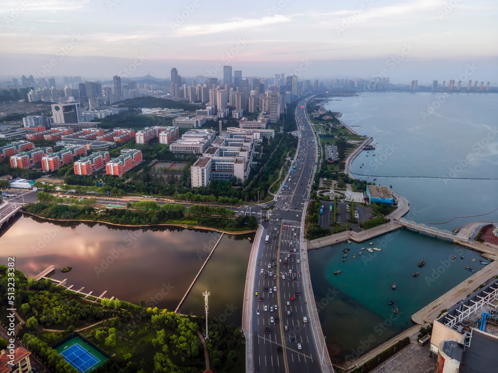 航拍青岛西海岸城市风光全景图