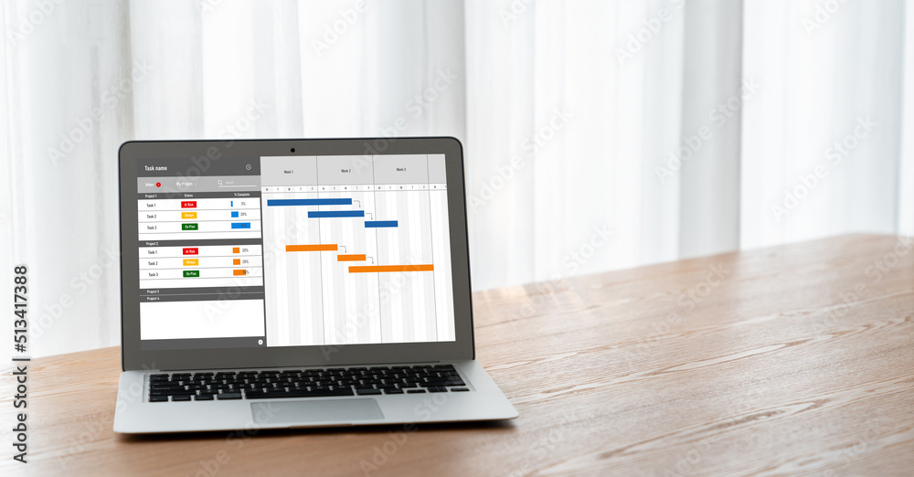 Project planning software for modish business project management on the computer screen showing time