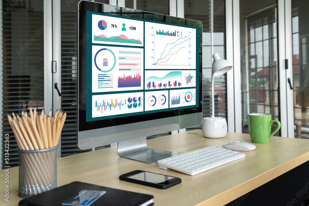 Business data dashboard analysis by ingenious computer software . Investment application display bus