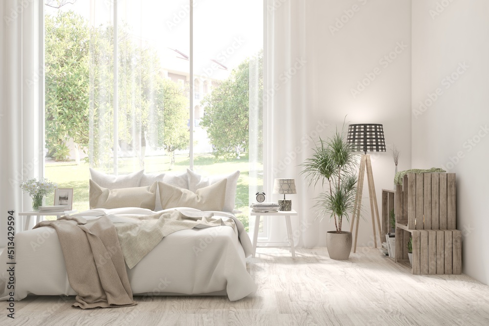 Soft color bedroom interior. Scandinavian design. 3D illustration