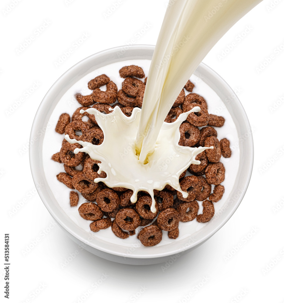 Chocolate corn rings with milk isolated on white background, top view