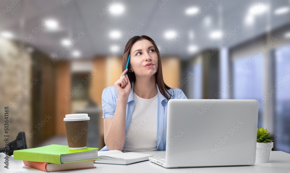 Young successful lovely business woman, secretary, manager, business consultant, working on laptop