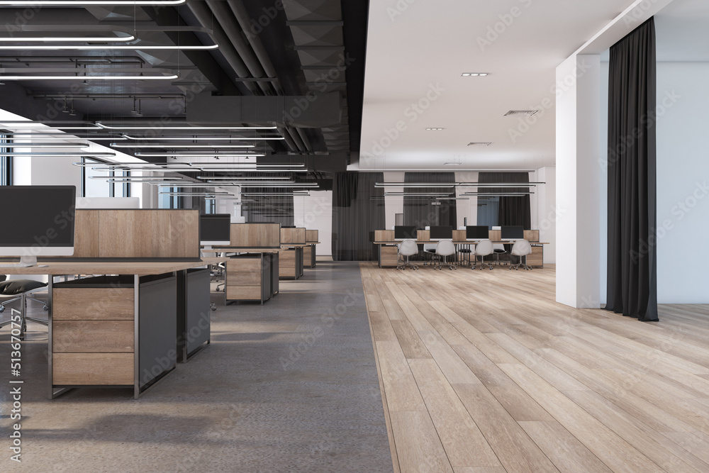 Luxury spacious hardwood and concrete coworking office interior with windows and city view, wooden p