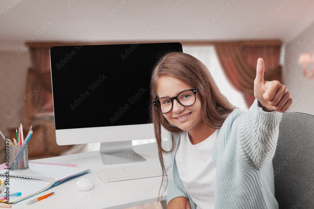 E-Learning Concept. Teenage Schoolgirl Study With Laptop At Home,