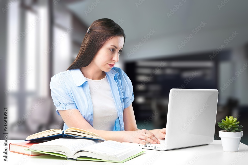 Young successful lovely business woman, secretary, manager, business consultant, working on laptop