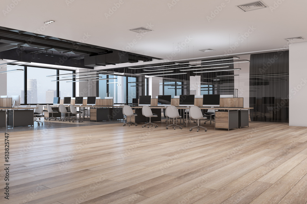 Clean spacious hardwood and concrete coworking office interior with windows and city view, wooden pa