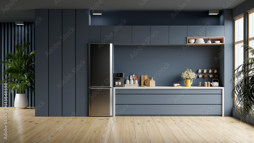 Modern style kitchen interior design with dark blue wall.